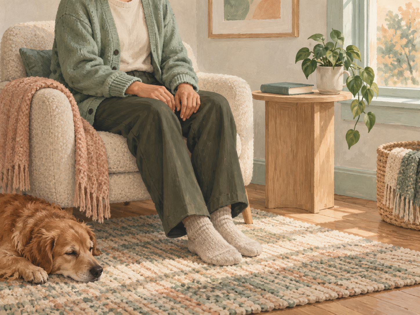 Illustration of an adult resting beside a softly lit window, with a dog nearby; their face is outside the frame