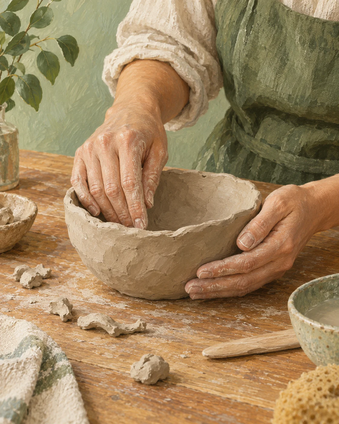 Illustration of hands shaping a clay bowl on a wooden table.