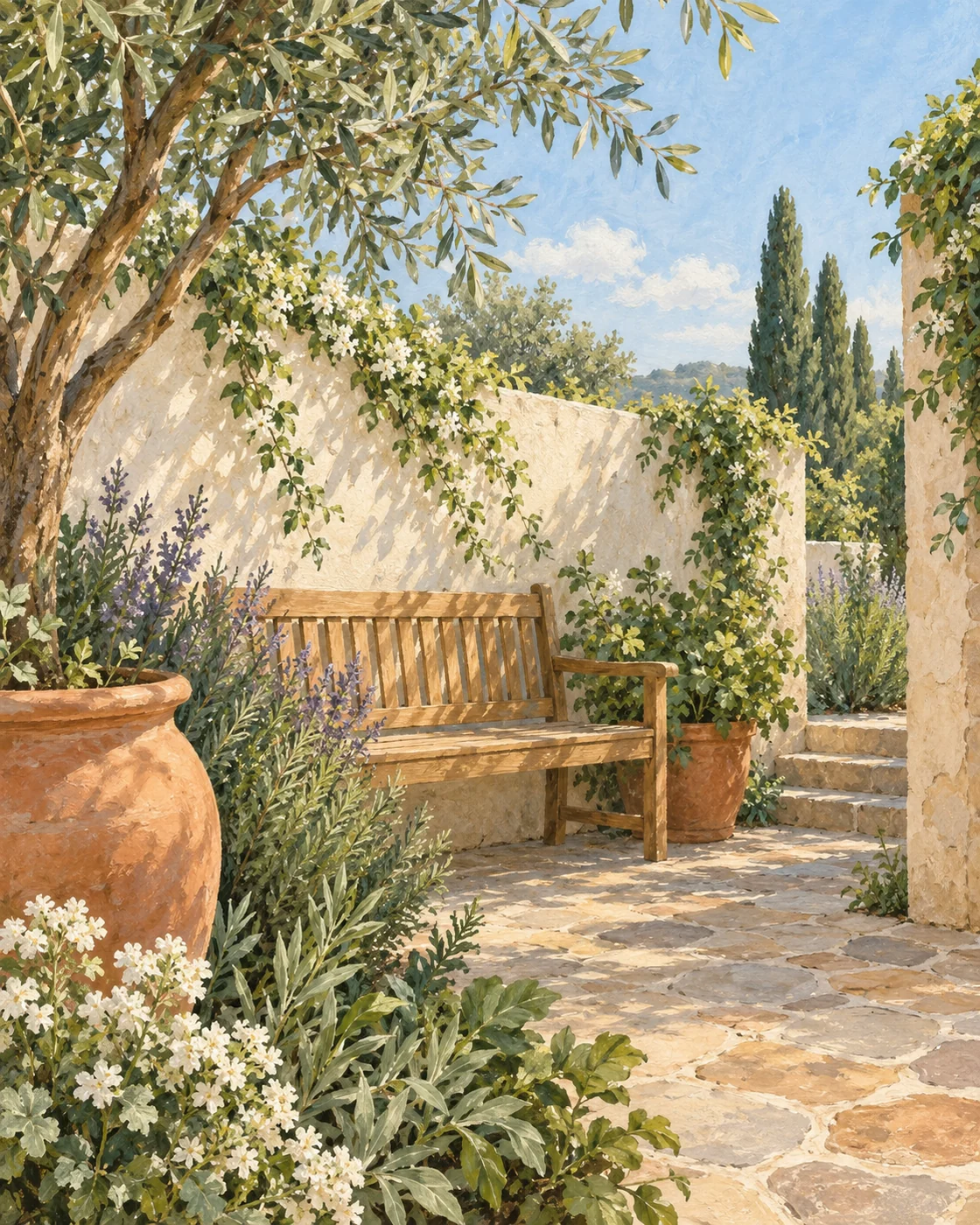 Illustration of a quiet courtyard with a bench and terracotta planter.