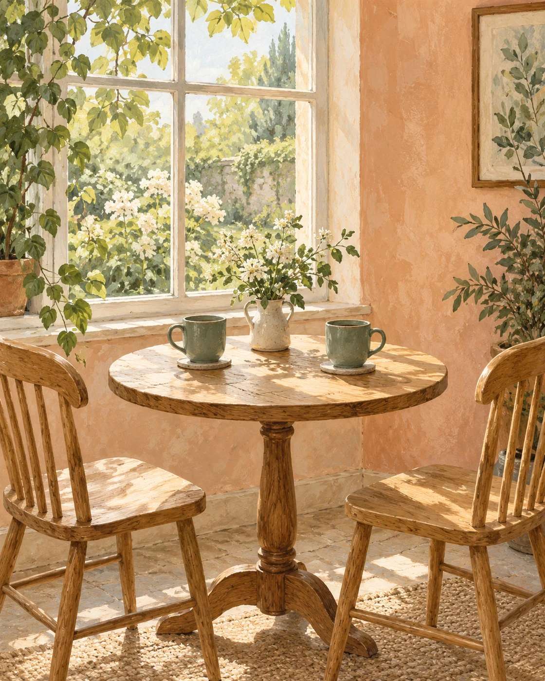 Illustration of two empty chairs and mugs beside a cafe window.