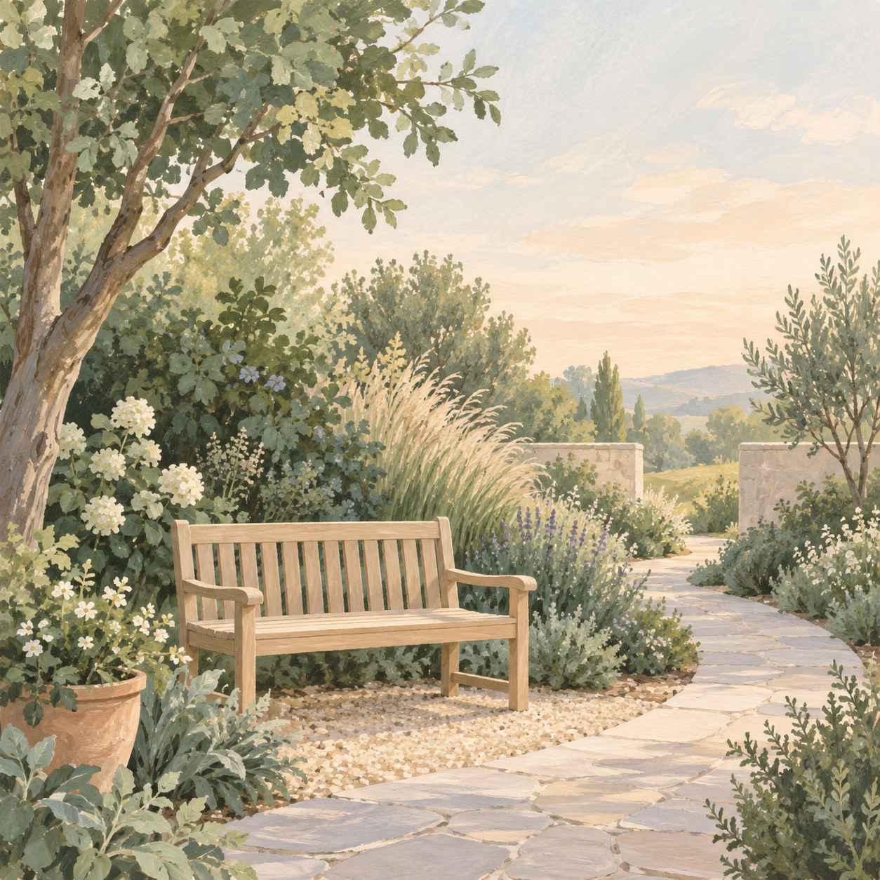 Illustration of a quiet garden bench beside a softly lit stone path