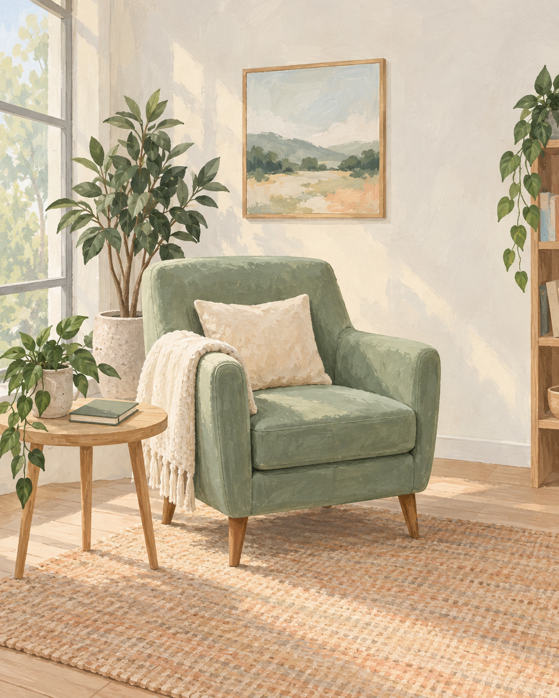Illustration of a welcoming sage armchair with a cream throw and soft daylight