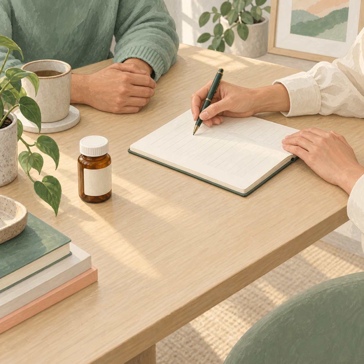Illustration of hands reviewing a notebook beside a closed medication bottle