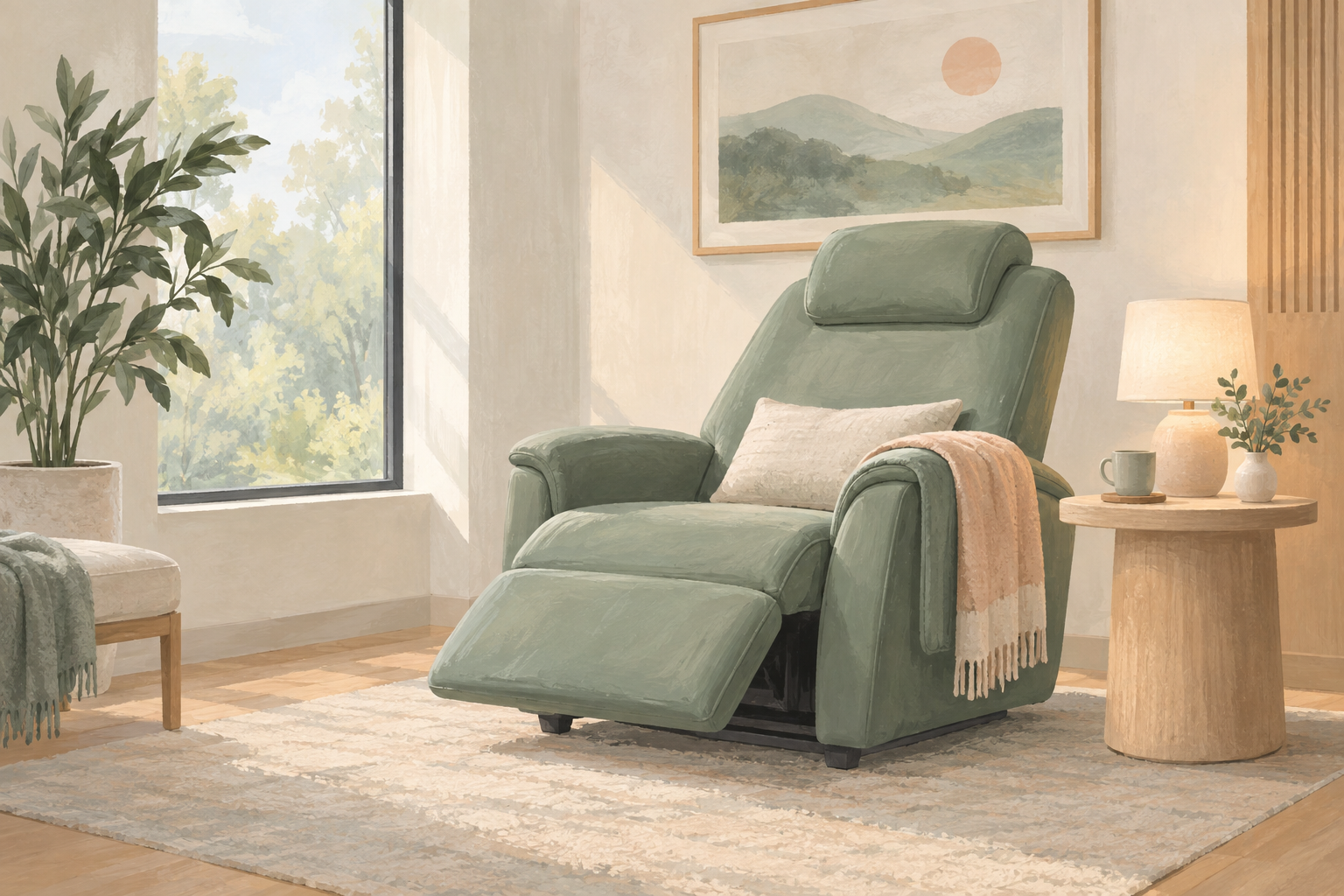 Illustration of a quiet treatment room with a sage recliner