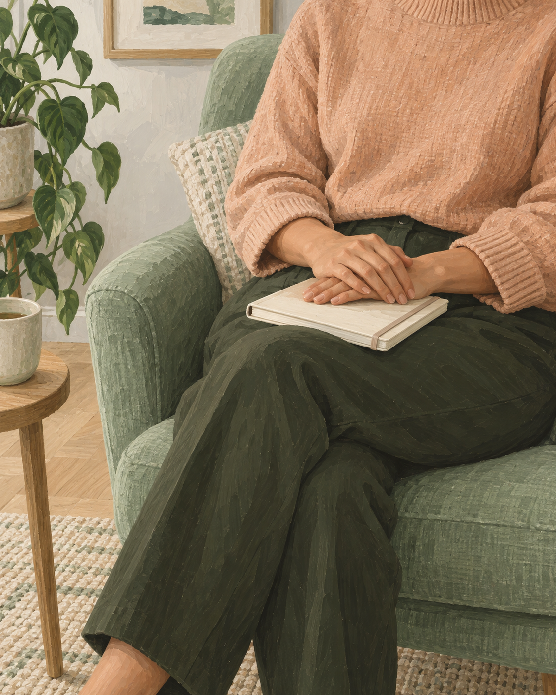 Illustration of an adult’s hands resting on a journal during therapy