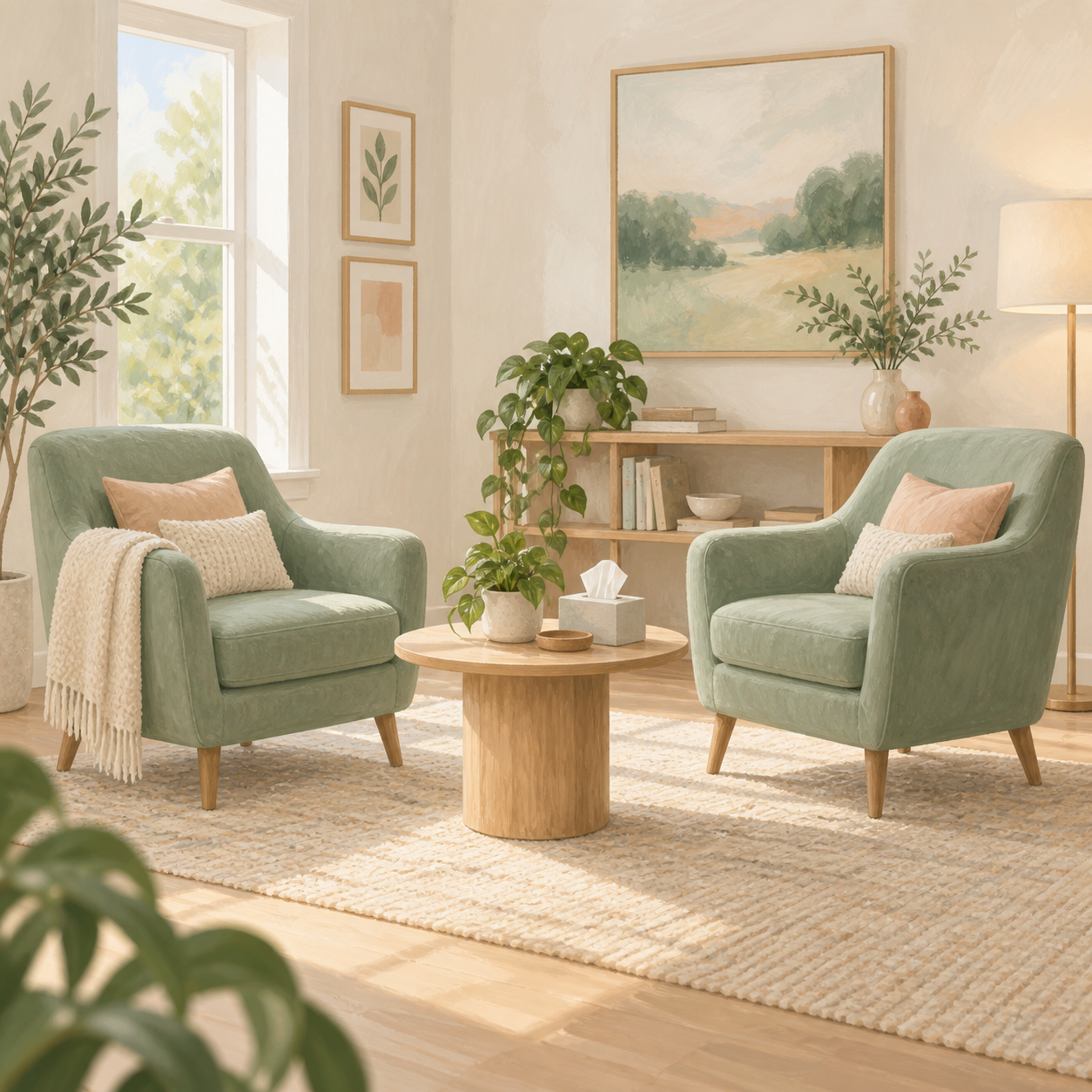 Illustration of a welcoming therapy room with two sage armchairs and soft daylight